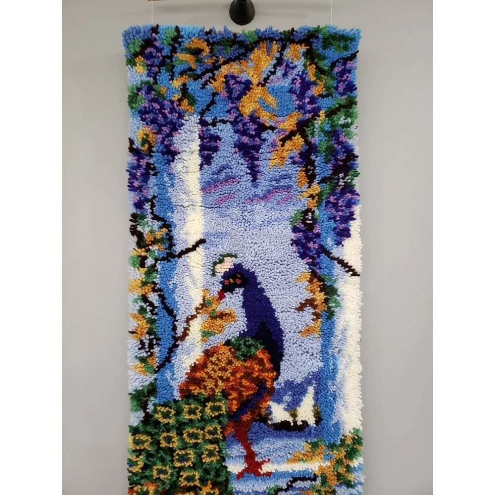 LARGE Vintage Latch Hook Rug Completed Beach Sea Wall Hanging PEACOCK maximalist